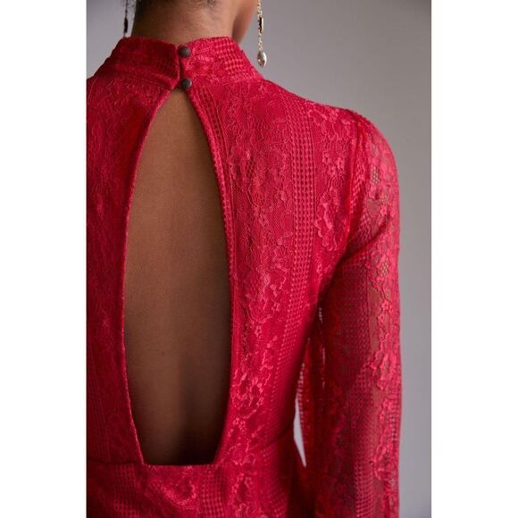Anthropologie Maeve Open Back Lace Mini Dress Raspberry 12 Pockets Romantic Date - Picture 5 of 16